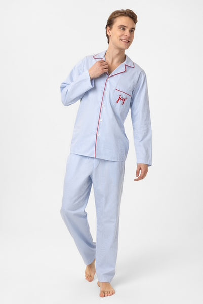 Mavi çizgili, nakışlı Lara Erkek Pijama Takım