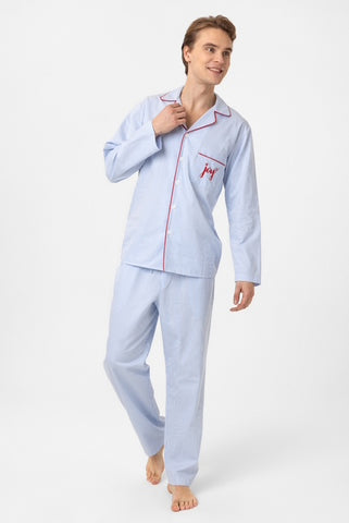 Mavi çizgili, nakışlı Lara Erkek Pijama Takım