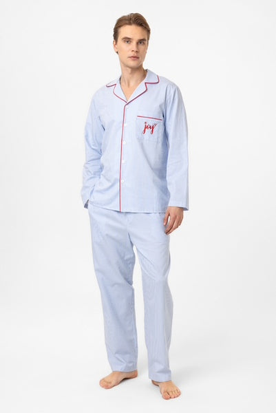Mavi çizgili, nakışlı Lara Erkek Pijama Takım