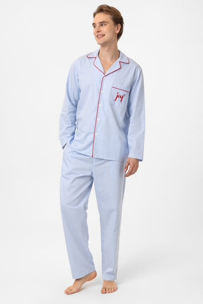 Mavi çizgili, nakışlı Lara Erkek Pijama Takım