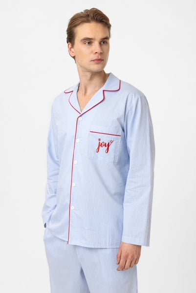 Mavi çizgili, nakışlı Lara Erkek Pijama Takım