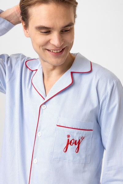 Mavi çizgili, nakışlı Lara Erkek Pijama Takım