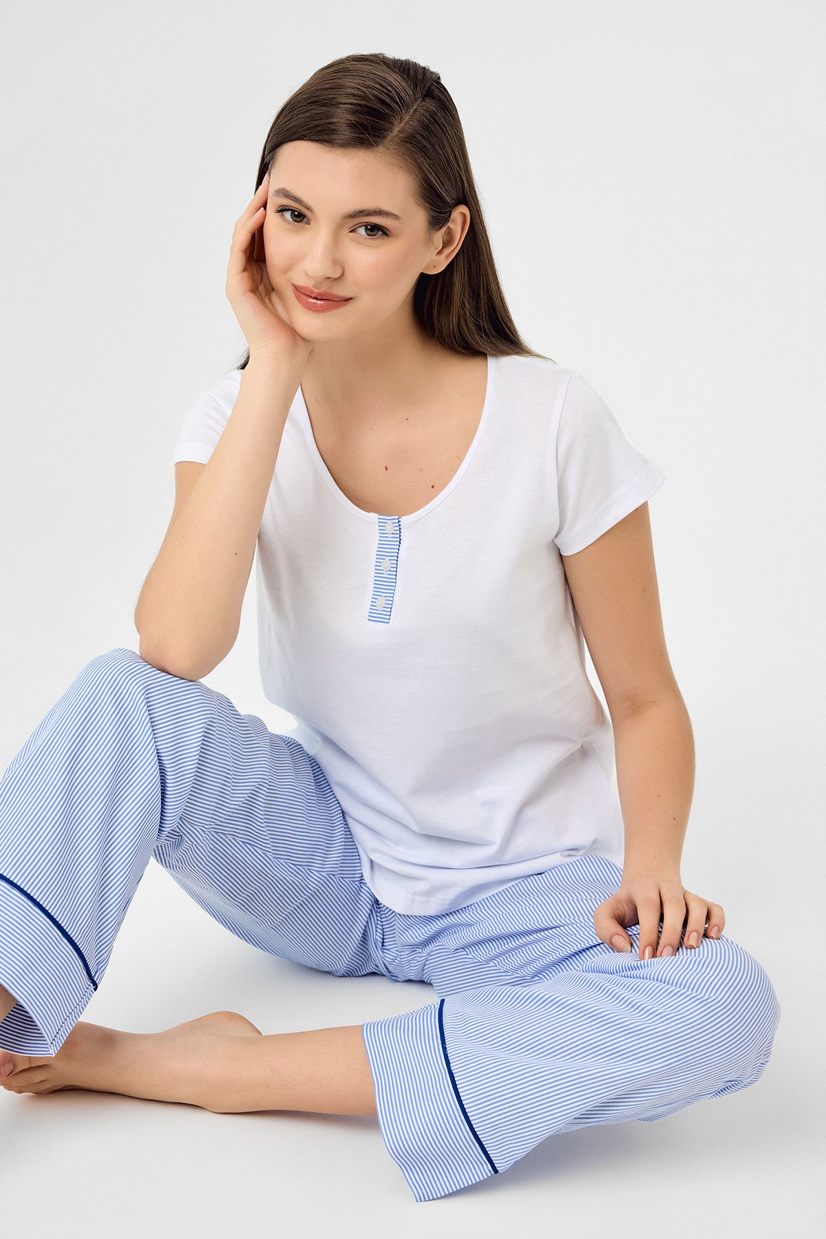 Mavi çizgili Hera Pijama Alt & Tshirt