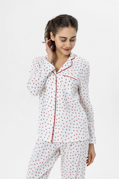Kırmızı desenli, şile bezi kumaş Lara Pijama Takım