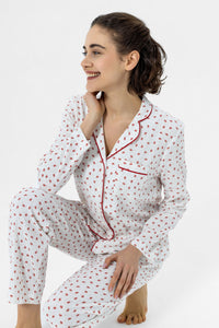 Kırmızı desenli, şile bezi kumaş Lara Pijama Takım